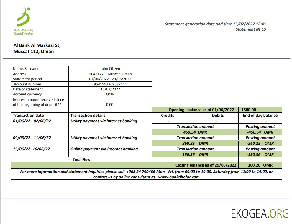 Modèle de relevé bancaire d'Oman Bank Dhofar au format Word et PDF